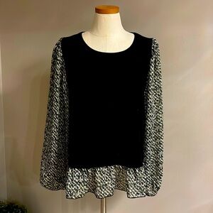 Mix media women’s boxy top blouse balloon long sleeves ruffle hem large